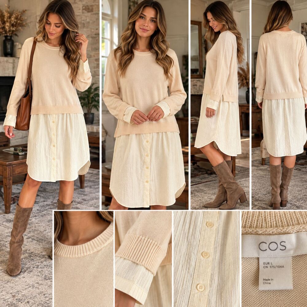COS Layered Knit Woven Dress Cream L capsule quiet luxury, minimalist , neutral